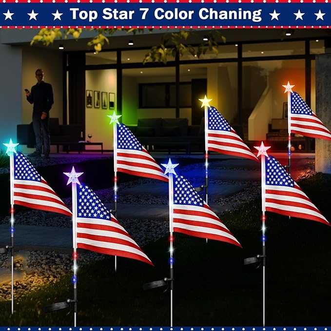 US Flag Solar Garden Lights, 7 Color Changing American Flag Light 4th of July Decorations Outdoor Solar Lights Patriotic Solar Lights for Independence Day Memory Day Garden Yard Pathway - 4 Pack