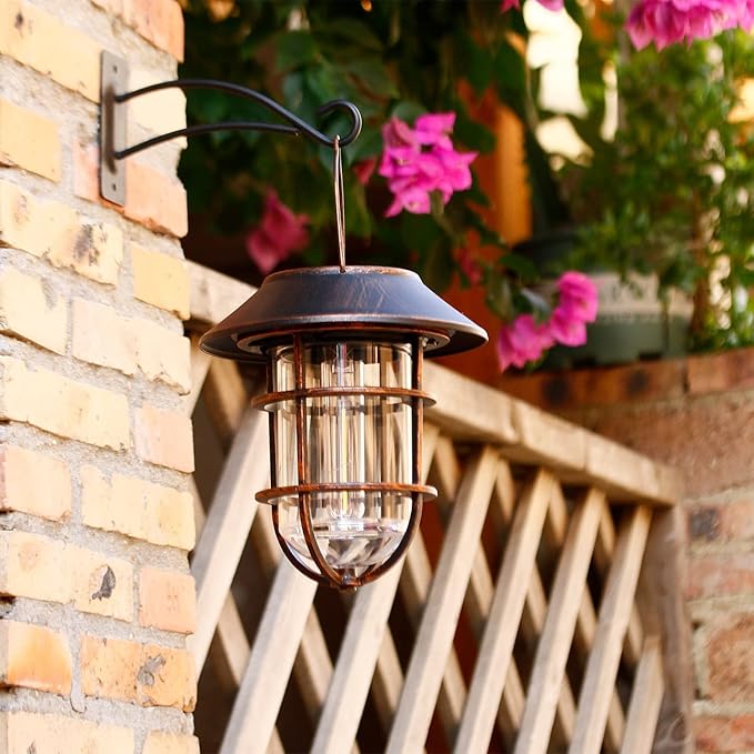 Solar Lantern Outdoor Hanging Solar Lights, Waterproof Metal Solar Outdoor Lights with Clear Glass, LED Edison Bulbs Cordless Decorative Aluminum Wall Lantern with Hooks, Bronze