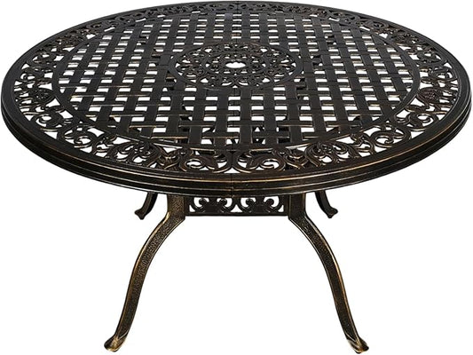 48" Round Patio Table for 6 Person Cast Aluminum Bistro Table with Umbrella Hole,Metal Patio Table Outdoor Bistro Dining Table for Garden,Bronze