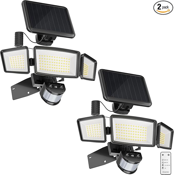 Ensenior 1800LM Solar Flood Lights Outdoor, Motion Sensor Outdoor Light 6500K, IP65 Waterproof, Separate Solar Panel, Solar Security Light with 5 Sensor Modes and 3 Adjustable Head for Yard (Black)