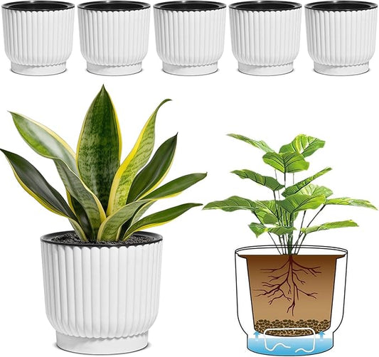 T4U 6 Inch Self Watering Pots for Indoor Plants, 6 Pack White Plastic Flower Pots for All House Plants, Flowers, African Violets