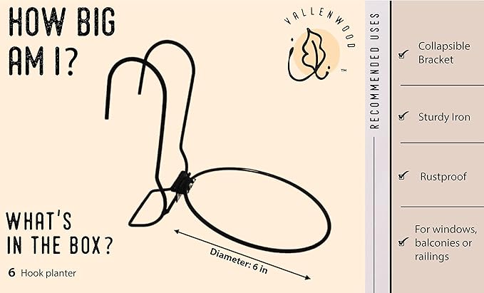 6 Pieces, 6 inches Iron Hanging Flower Pot. Metal Plant Wall Hanger, Vertical Garden. Planter Hook Ring, Rail Metal Fence. Indoor and Outdoor. Yard Garden. Wire Trellis. Collapsible Bracket. (Black)