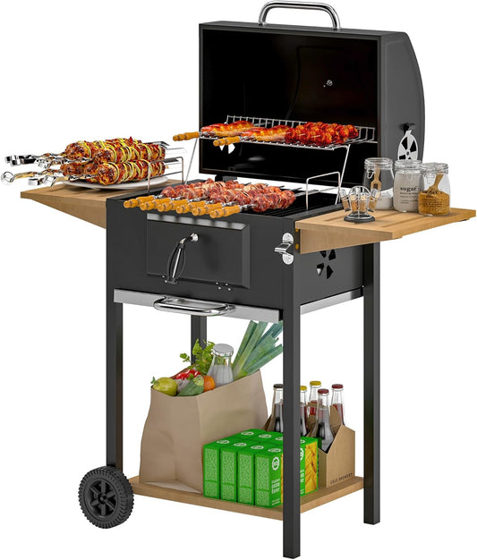 Outsunny Charcoal BBQ Grill with 245 sq. in. Cooking Area, Outdoor Barbecue Grill with Adjustable Charcoal Pan, 3 Shelves, Thermometer, Wheels for Patio, Backyard, Party, Picnic, Black