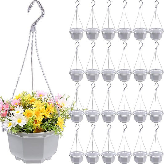 Roshtia 24 Pcs Hanging Plastic Planter Pot with Hook Flower Pots Baskets Hanging Nursery Planter Holder for Outdoor Indoor Plant Garden(Ceramic White,6.7 Inch)