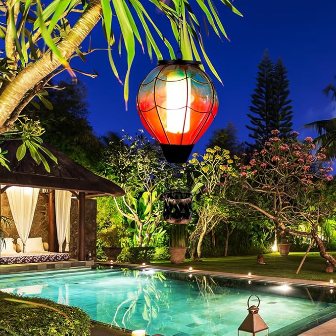 Solar Hot Air Balloon Lantern with Flame Flickering LED Glass Hot Air Balloon Solar Lanterns Outdoor Waterproof Hanging Lights for Patio,Porch,Yard,Garden Decor Mother Day Gifts for Women
