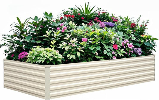 Raised Garden Bed 8×4×1.5FT, Galvanized Raised Garden Beds Outdoor for Vegetables Flowers Herbs, Large Deep Root Planter Box, Tall Raised Garden Bed with 3ftx30ft Weed Barrier Fabric, Beige