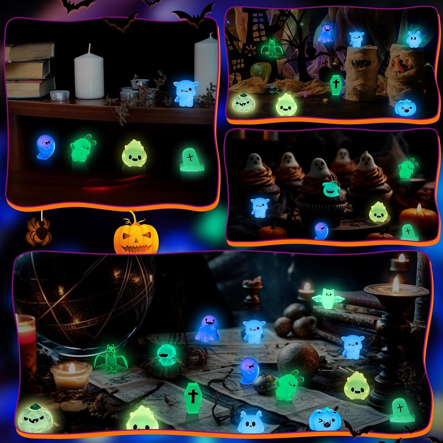58 Pcs Halloween Luminous Mini Figures Glow in Dark Tiny Resin Figures Set Fairy House Diorama Accessories Halloween Pumpkin Ghost Skull Ornament for Garden Dollhouse Craft DIY(Ghost)