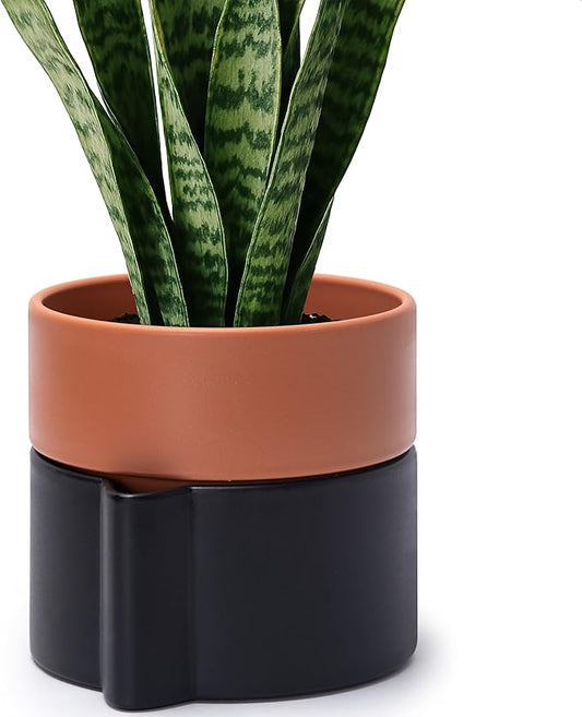 6.5 Inch Self-Watering Planter Pot with Terracotta Insert, Deep Water Reservoir, and Ceramic-Alike BPA-Free Plastic Pot for Plant, Modern Planter for Houseplants, Black/Terracotta, 53-B-S-5