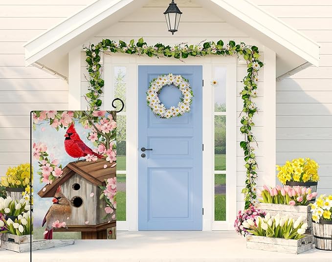 BLKWHT Spring Cardinal Bird Garden Flag 12x18 Vertical Double Sided Pink Flowers Tree Summer Farmhouse Holiday Outside Decorations Burlap Yard Flag BW792