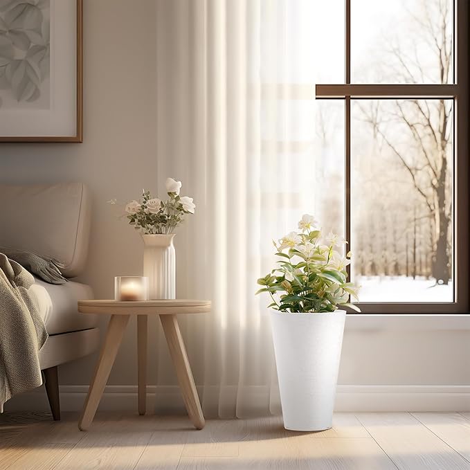 Kante Tall Round Planter Set of 2, 13 Inch Tall Decorative Planter Pots for Outdoor Indoor Garden Patio Front Porch (White)