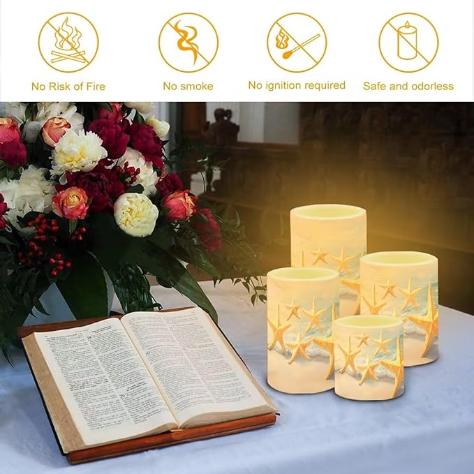 Flameless Candles Battery Powered LED Candle with Remote Timer Color Changing Control Set of 4 for Indoor Outdoor Beach Wedding Home Decoration, Coastal Gold Starfish