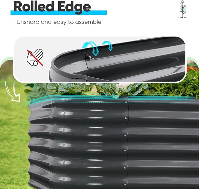 Quictent Galvanized Raised Garden Bed Kit, 6x3x2 ft Oval Metal Planter Box Tall for Vegetables Outdoor Backyard, Rubber Strip Edging Included, Dark Gray