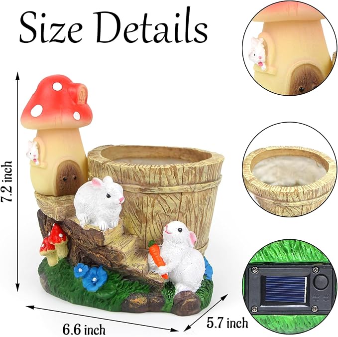 Garden Rabbit Statue,Resin Rabbit Figurine with Solar LED Light,Flower Pots Planters Pots for Succulent,Bunny Statue for Patio Balcony Yard Lawn Decor,Unique Gift for Dad Mom Grandma