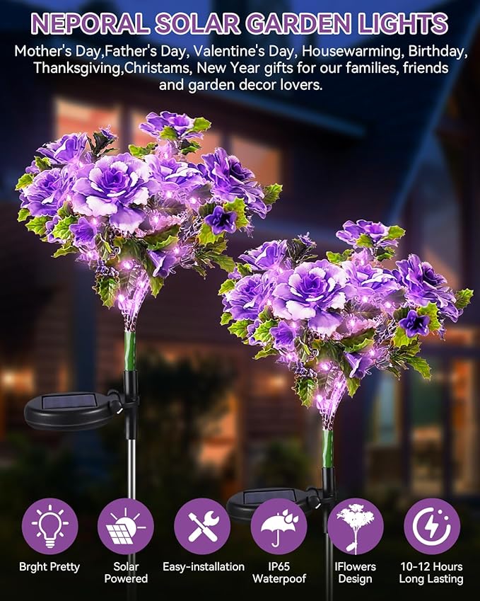 Neporal Solar Light Outdoor - 2 Pack Solar Garden Lights with Purple Carnation Solar Flowers, Solar Lights Outdoor Waterproof IP65, Solar Outdoor Lights Decorative for Outdoor Garden Decoration