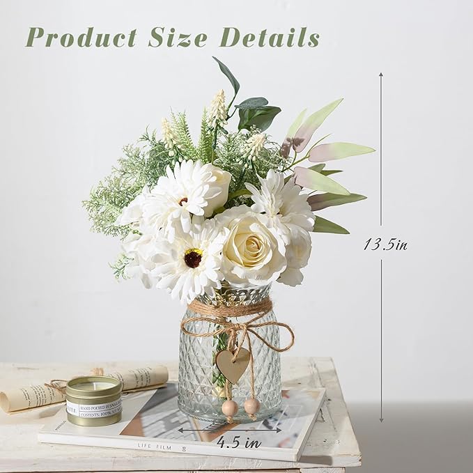 Artificial White Flowers with Vase, Fake Flowers Arrangement for Home Decor, Faux Flowers for Farmhouse Coffee Table Decor, House Kitchen Centerpiece Table Decorations