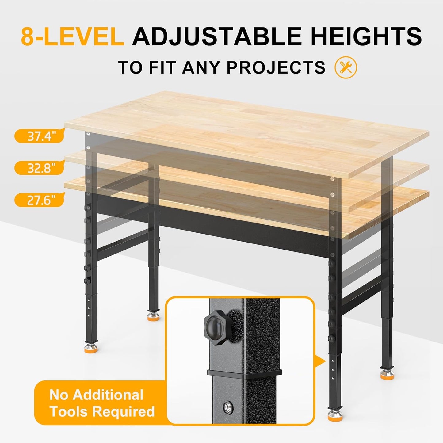 48’’ Work Bench Adjustable Workbench Heavy Duty Work Table with Rubber Pads, 2000 Lbs Capacity Hardwood Work Benches for Garage, Workshop, Office, Home