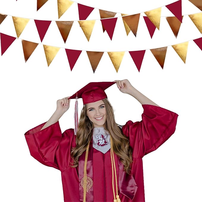 Fall Party Decorations Maroon Gold Brown Metallic Fabric Triangle Pennant Banner Burgundy Flag Bunting Garland for Autumn Thanksgiving Wedding Birthday Bridal Shower Engagement Graduation Garnet Party