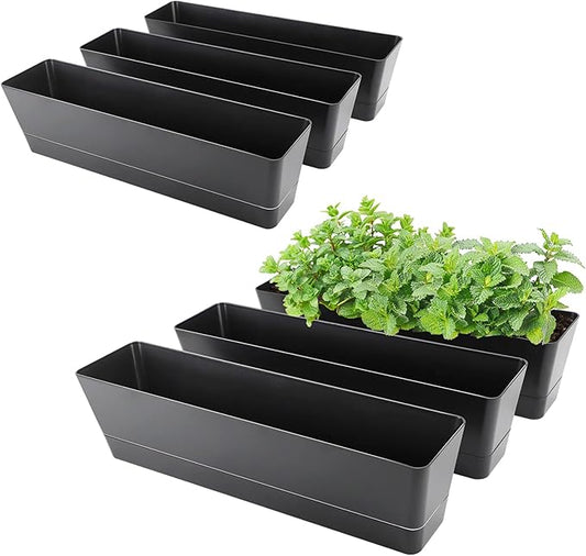 GREANER Rectangle Window Boxes, 6PCS 16x3.8 Inch Black Herb Planters with RemovableTray and Drainage Hole, Succulent Flowers Plastic Pot for Balcony, Office, Windowsill, Garden, Outdoor Decoration Use
