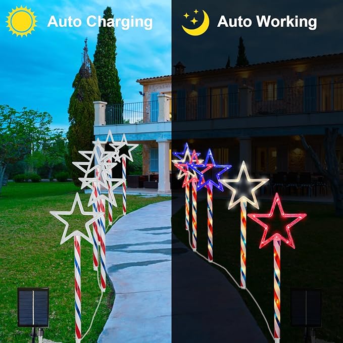4th of July LED Big Star Pathway Lights Patriotic Lights Outdoor, for Memorial Day Independence Day Any Patriotic Decorations, 8 Mode Remote Control Solar Powered(2 Pack, 180 LED)
