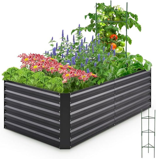 Quictent Galvanized Raised Garden Bed 6x3x2 Ft Metal Planter Box Bottomless for Backyard Outdoor, Include 1 pc Tomato Cage (Dark Gray)