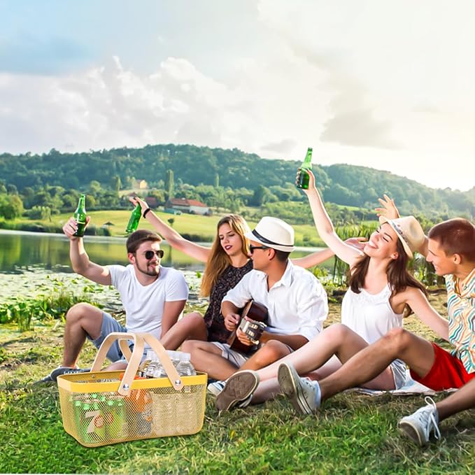 Portable Mesh Harvest Basket - Natural Bamboo Handle Foldable Organizer for Kitchen, Garden & Picnic | Ventilated Storage Bin with Rust-Proof Wire, Space-Saving Farmhouse Decor (Nebula Green)