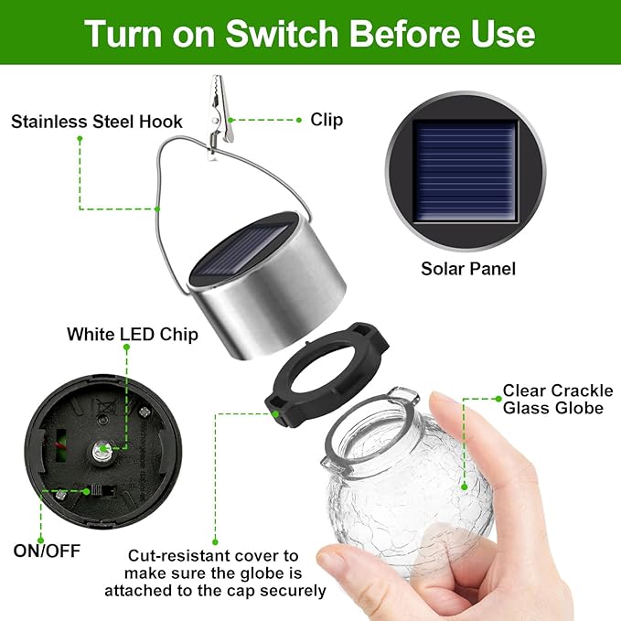 Solar Lights Outdoor Hanging Decorative Globe 8 Pack, Waterproof Solar Lantern with Handle and Clip, Solar Powered Glass Ball Lights for Garden Yard Fence Tree Umbrella Holiday Décor, Color Changing