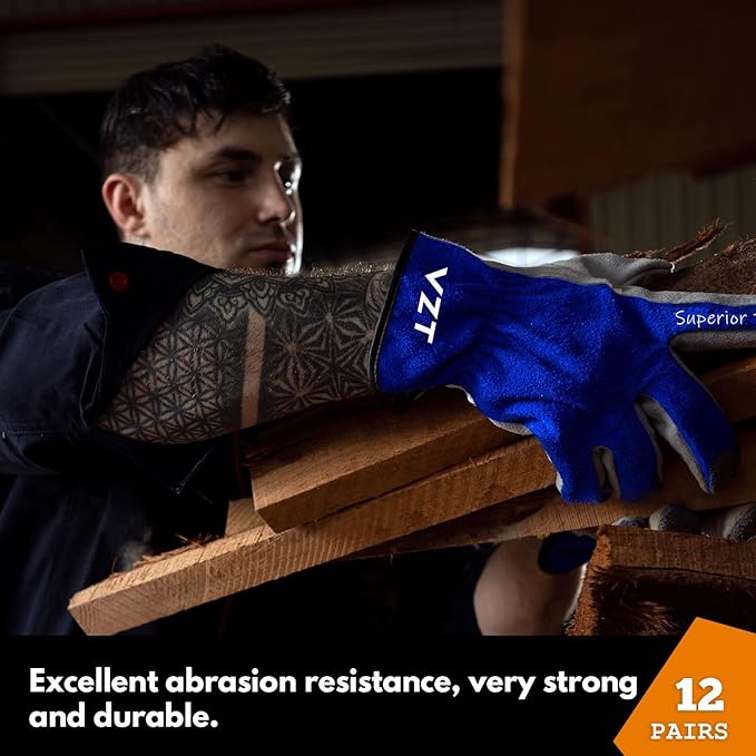 12 Pairs Bulk Leather Work Gloves for Men or Women for Construction, Wood cutting, Driving, Gardening, Automotive Repair, Water Resistant, Soft, Cowhide, Class 4 Abrasion Resistant, Blue-White, M