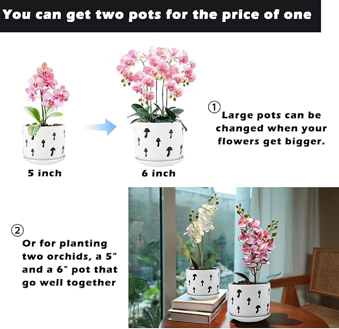 KERUITA Orchid Pots with Holes,5 inch + 6 inch Ceramic Planters Set of 2 with 2 Tray,White Flower Pot with Dancing Mushroom Shaped Vent, Enhanced Drainage and Ventilation