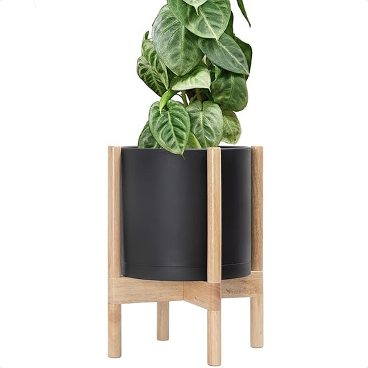 D'vine Dev Planter Pot with Stand - 10 Inch Plastic Cylinder Flower Pot with Wood Planter Holder for Indoor, Matte Black Pot + Natural Stand, 55-C-M-2