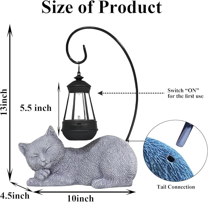 Solar Cat Garden Statue with Lantern, 13 Inch Tall Figurine for Outdoor Decor, Yard, Patio, Lawn and Porch, Solar-Powered Lights Sculpture