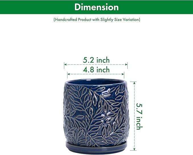 D'vine Dev 5 Inch Embossed Leaves Stoneware Planter Pot with Drainage Hole and Saucer, Midnight Blue, 27-A-V-3
