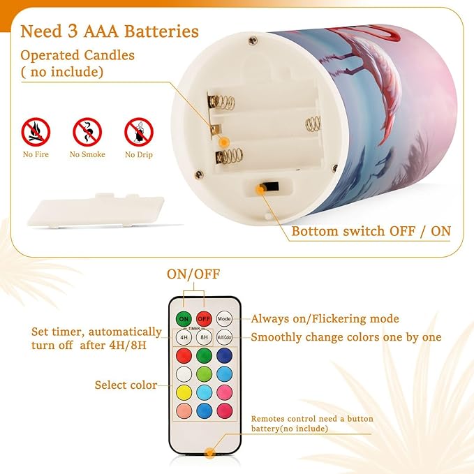 Flamingo Flameless Candles with Remote Control and Timer, Adjustable Brightness Long Lasting Battery Operated LED Pillar Candles for Indoor Outdoor Party Home Decor, 2 Pack