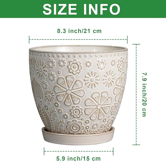Ceramic Planter 8 Inch Plant Pot with Drainage Hole and Saucer Ceramic Pots for Indoor Plants Outdoor Large Flower Pot for Home Decor White