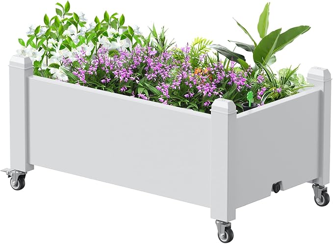 Horticulture Garden Bed with Legs, Divisible Resin Planter Box for Backyard, Patio, Balcony, with 4 Legs, 4 Swivel Lockable Wheels(Ashen,30.04 * 17.72 * 17.56)
