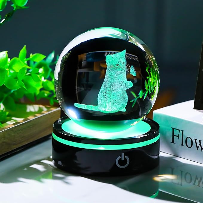 YWHL 3D Crystal Ball Cat Gifts for Women Cat Lover for Christmas Birthday, Laser Cat and Butterfly Figurine with LED Base, Cat Ornament Glass Decorative Ball Globe Night Light for Home Decor (80mm)