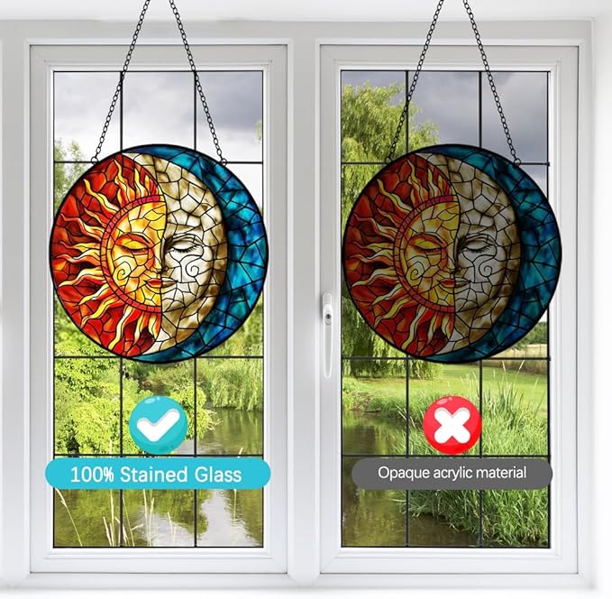 Sun and Moon Stained Glass Suncatchers for Windows Hanging - Celestial Decor Sun Catchers Valentines Day Gifts for Him Her - Handmade Wall Art Home Garden Stain Glass Window Suncatcher with Hooks