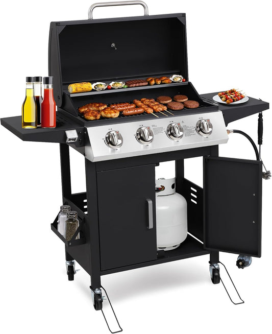 4-Burner Propane Gas BBQ Grill with Wheels, 40,000 BTU Output Stainless Steel Barbecue Grill for Backyard & Outdoor Cooking Easy Assembly, Foldable Side Tables & Spice Rack (Dark Black)