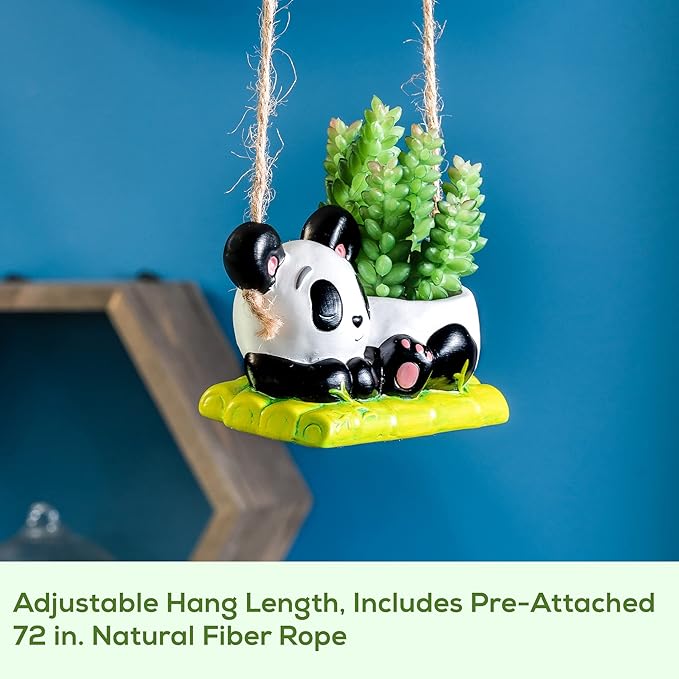 Panda Hanging Planter, Succulent Pot with Drainage, 6 ft Natural Fiber Cord, Ceramic Bear Animal Holder for Cacti & Small Plants, Decorative Panda Gift Decor for Women Men