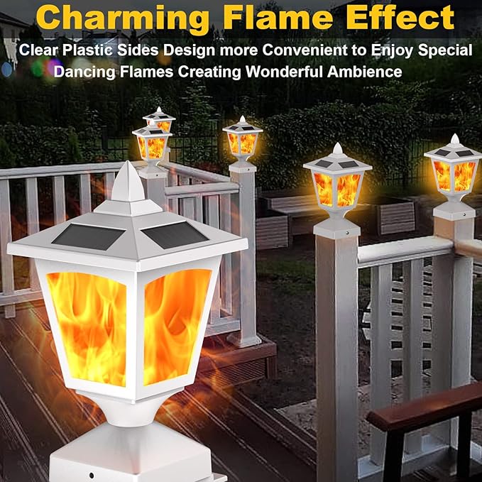 Solar Post Flame Light,Outdoor Deck Fence Post Cap LED Light,Waterproof 4x4 5x5 6x6 White Post Top Solar Powered Light with Flickering Flame for Garden Outside, 4 Pack