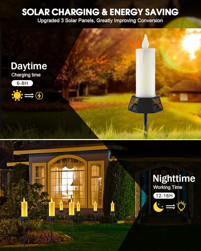 Solar Lights Outdoor Waterproof, Electric LED Flameless Candles with 3 Solar Panels, Solar Pathway Lights for Garden Yard Home Outdoor Party Camping Decorations, 4 Pack