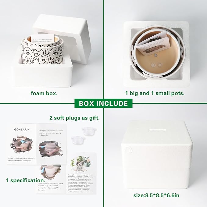 Docrin Plant Pots Indoor with Drainage : 6.6+5.4 Inch Ceramic Flower Pots for Plants - Set of 2 Modern Decorative Face Planters for House/Office/Gift - /Black and White