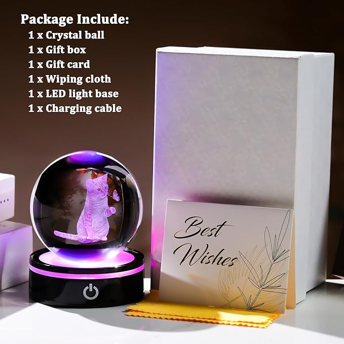 YWHL 3D Crystal Ball Cat Gifts for Women Cat Lover for Christmas Birthday, Laser Cat and Butterfly Figurine with LED Base, Cat Ornament Glass Decorative Ball Globe Night Light for Home Decor (80mm)