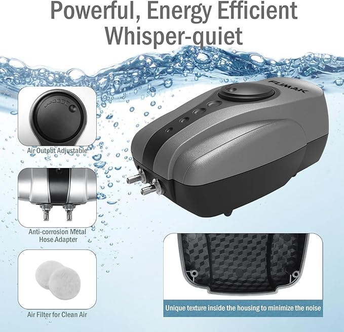 Pond Air Pump Pond Aerators for Outdoor Ponds up to 2000 Gallons, Flow Adjustable Pond Aerator Pump All-in-One Pond Aeration Kit with Airline Tubing Air Stones Check Valves