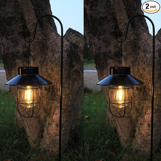 Solar Lantern 2pack Outdoor Hanging Light- Waterproof Vintage Metal Light with Shepherd Hook Decorative for Patio, Backyard, Porch, Yard (Black)