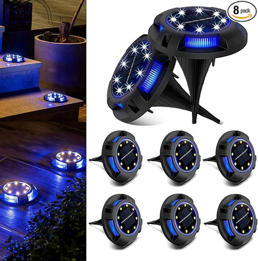 Solar Ground Lights Outdoor 8 Packs LED Disk Solar Powered Waterproof In-ground for Garden Deck Stair Step Lawn Patio Driveway Walkway Pathway Yard Decoration (White + Blue)
