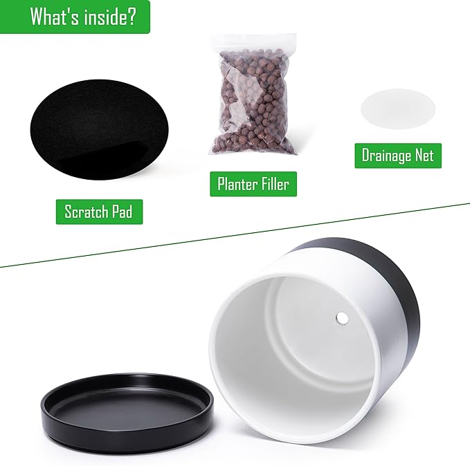 D'vine Dev 6.5 Inch Ceramic Planter Pot with Drainage Hole and Saucer, Indoor Cylinder Round Planter Pot, Layered Monochrome Black & White, 94-O-C-L