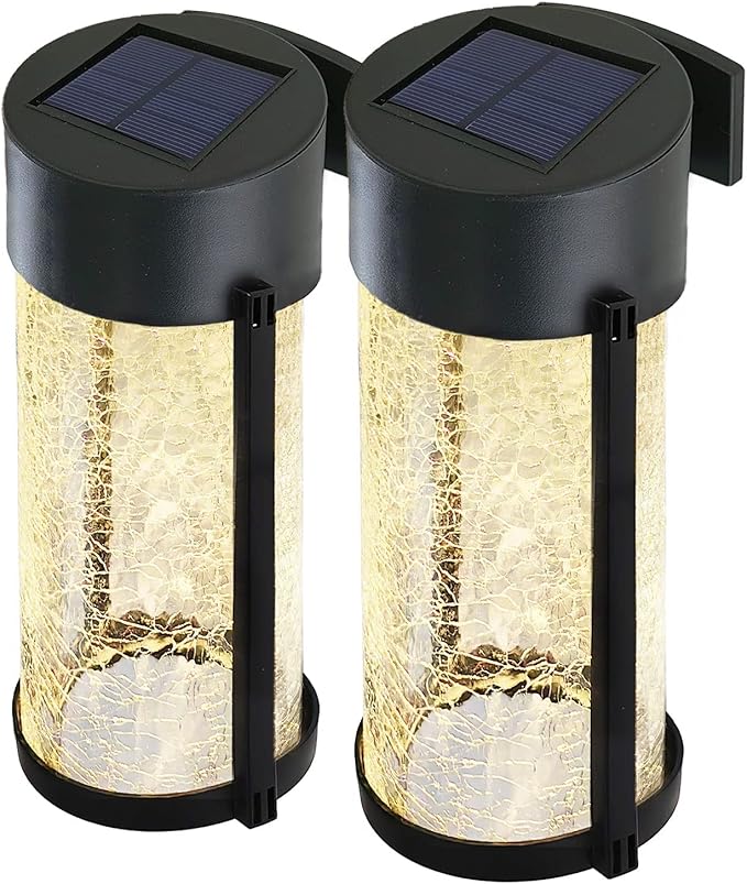 Solar Outdoor Wall Lights Fixture Set of 2 Porch Lights Crackled Glass Diffuser with Warm White LED