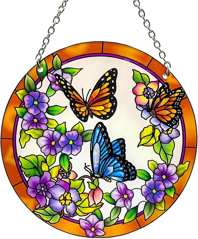 Butterfly Stained Glass Suncather Window Hangings, Colorful Flower Suncatchers 6 inch Colorful Glass Panel Sun Catchers Pretty Gifts, Decoration for Home Garden Christmas Party Wedding