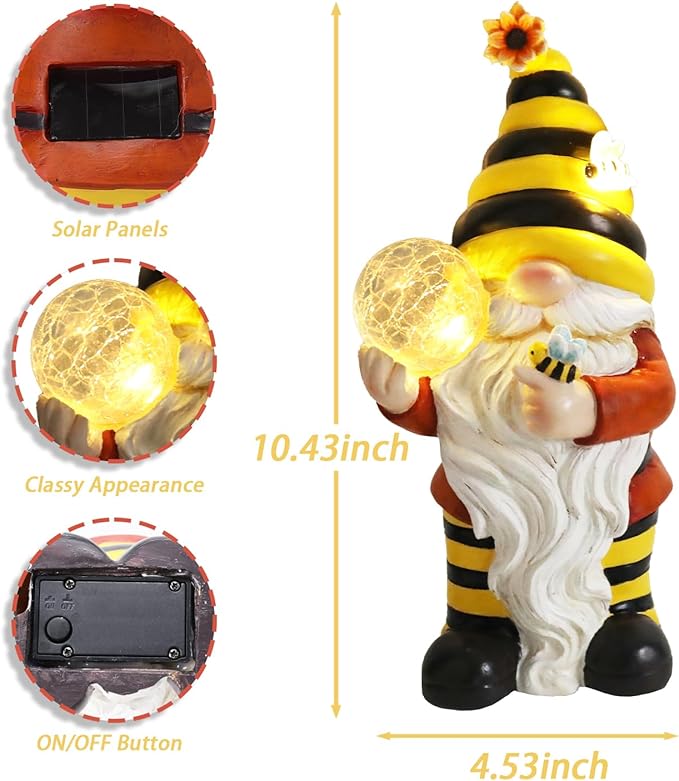 Solar Garden Gnome Statue, Resin Bee Gnome Figurine with Flower and Crackle Glass Globe Lights for Outdoor Decor, Porch Patio Yard Decorations, Garden Gifts for Mom