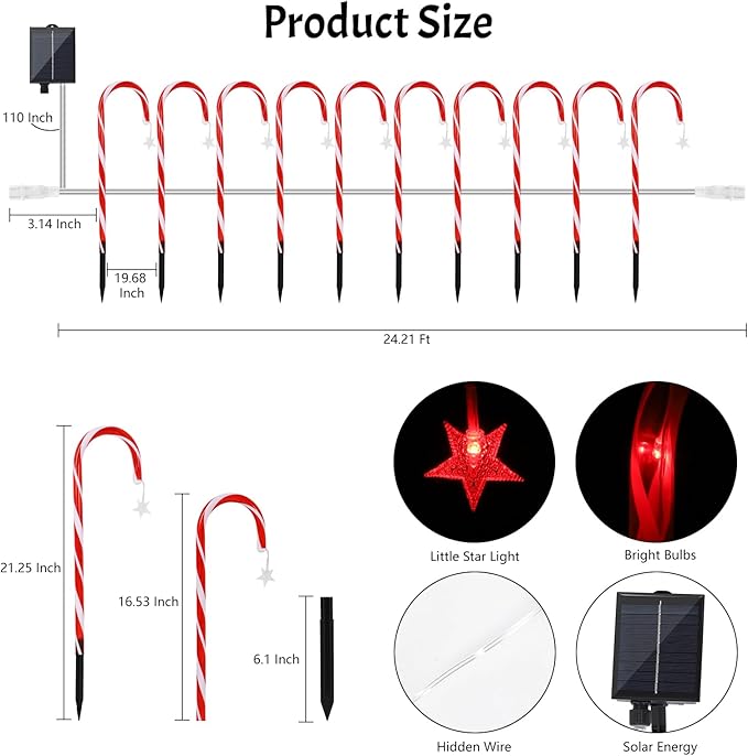 PINPON Christmas Solar Candy Cane Lights 10 Pack, 21" Pathway Markers Walkway Lights with Star, 8 Modes & 3 Timings Xmas Decorations for Outdoor Pathway Garden Yard Patio